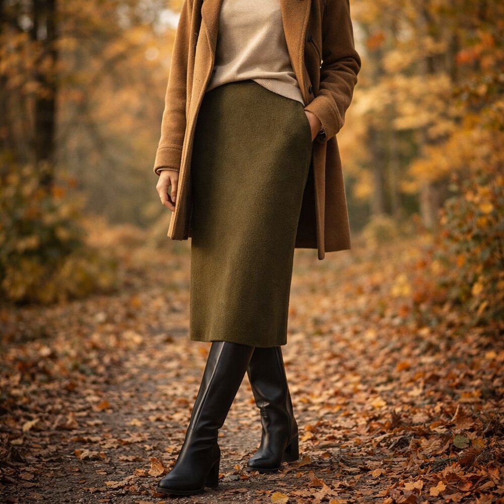 EILEEN FISHER | M | Olive Green 100% Merino Wool Straight Pencil Midi Skirt